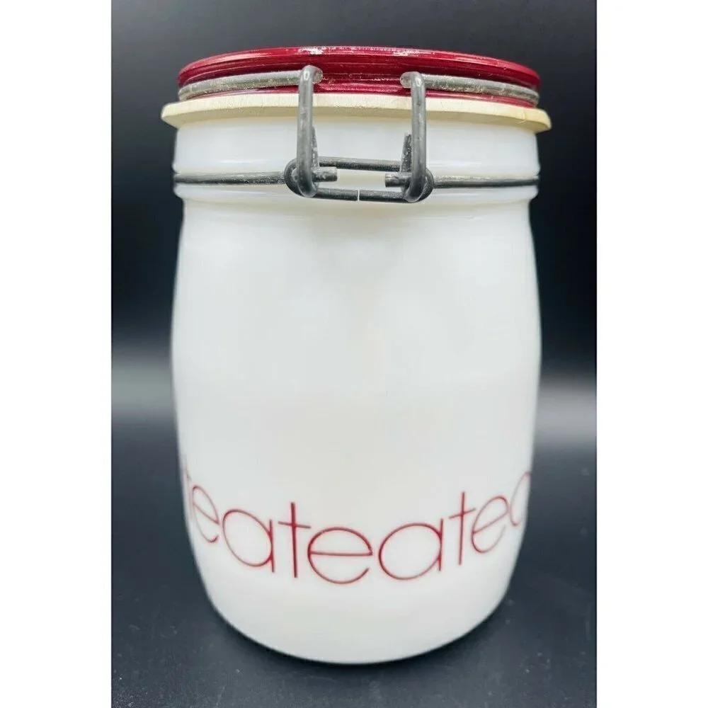 Vintage Wheaton Milk Glass Tea Canister Kitchen Storage White Red Bail Lid 5.75”